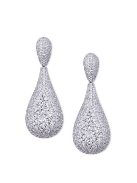 

shaze Silver-Toned Rhodium-Plated Cubic Zirconia Studded Geometric Drop Earrings
