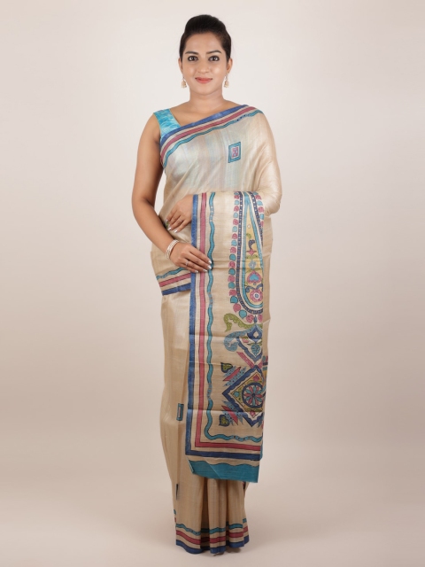 

Pothys Cream-Coloured & Navy Blue Pure Silk Woven Design Tussar Saree