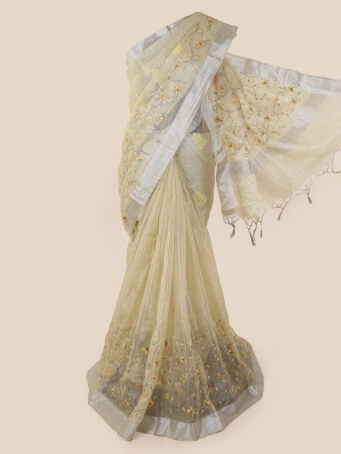 

Pothys Cream-Coloured Embroidered Tissue Saree