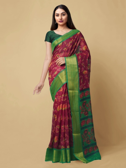 

Unnati Silks Maroon & Green Silk Cotton Printed Chanderi Saree