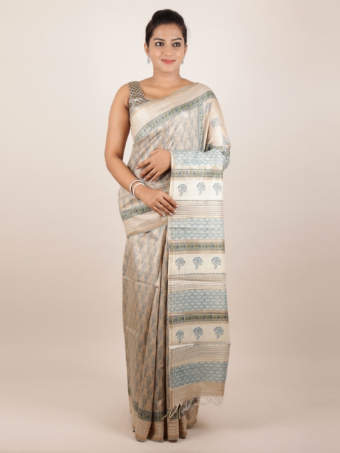 

Pothys Cream-Coloured Pure Silk Printed Tussar Saree