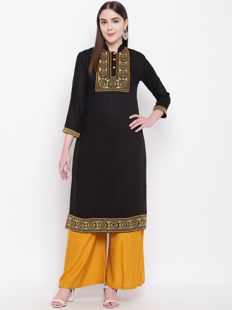 

RIVI Women Black Ethnic Motifs Yoke Design Handloom Kurta