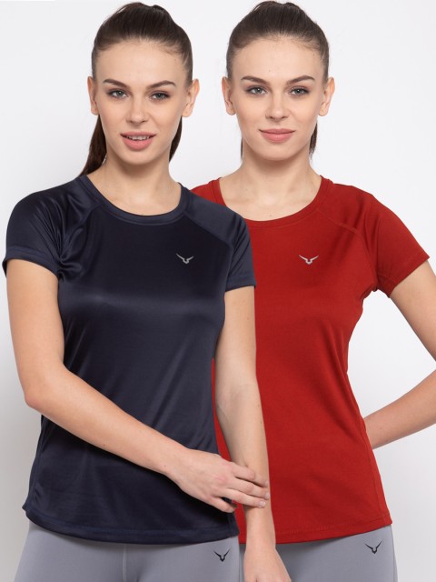 

Invincible Women Pack of 2 Navy Blue & Red Solid Round Neck T-shirt