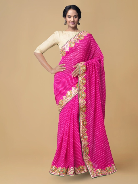 

Unnati Silks Pink & Gold-Toned Silk Cotton Printed Bandhani Saree