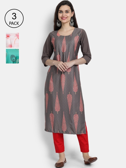

7threads Women Pack Of 3 Ethnic Motifs Printed Crepe Kurta, Multi