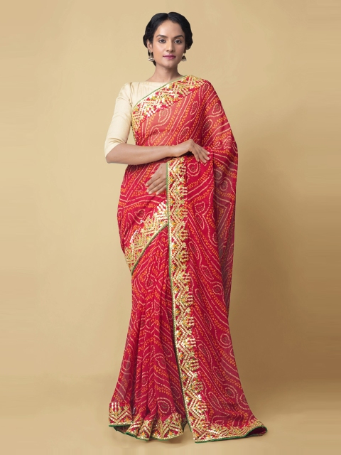

Unnati Silks Red Silk Cotton Printed Bandhani Saree
