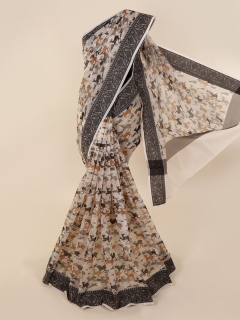

Pothys Cream-Coloured & Black Supernet Printed Saree