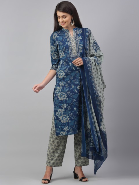 

ANAISA Women Blue & Grey Printed Kurta with Trousers & Dupatta