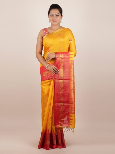 

Pothys Yellow & Orange Pure Silk Printed Dabu Saree