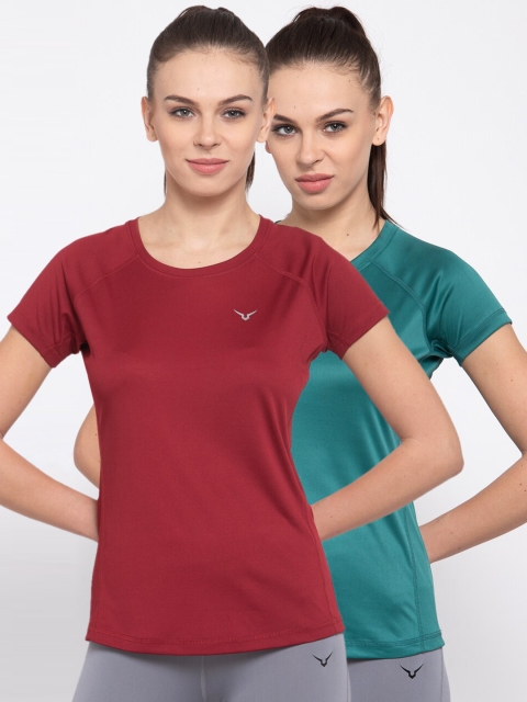 

Invincible Women Pack of 2 Burgundy & Teal Green Solid Round Neck T-shirt