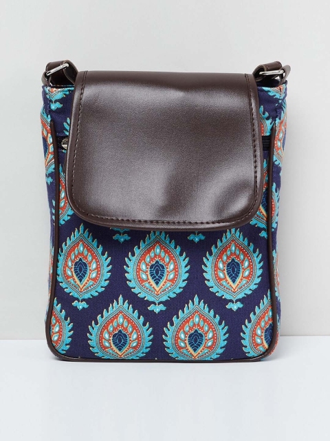 

max Navy Blue & Orange Printed Sling Bag
