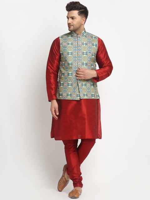

Benstoke Men Maroon Embroidered Angrakha Dupion Silk Kurta with Pyjamas