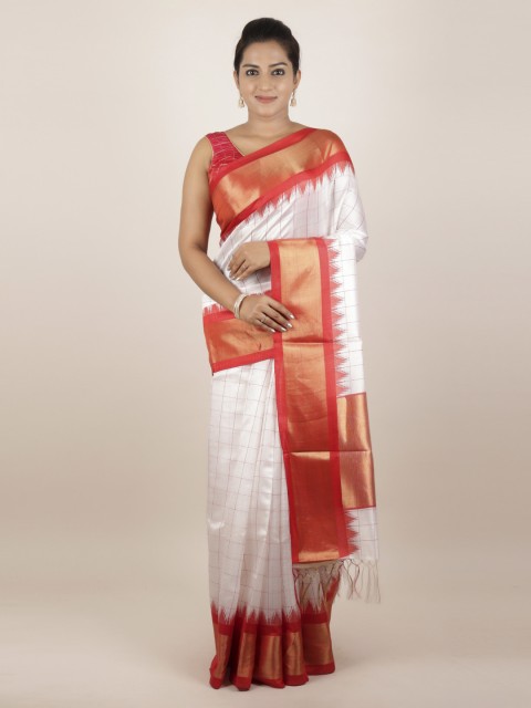 

Pothys Off-White & Red Pure Silk Checked Dabu Saree