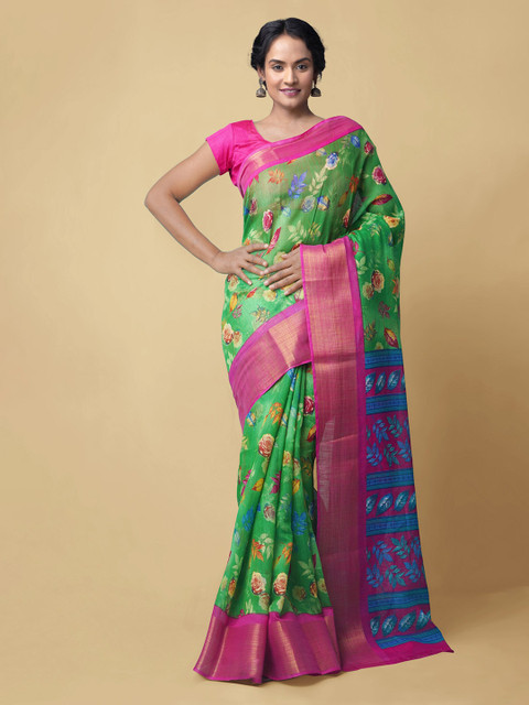 

Unnati Silks Green & Pink Silk Cotton Printed Chanderi Saree