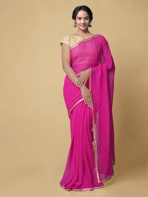 

Unnati Silks Pink Pure Chiffon Checked Leheriya Saree