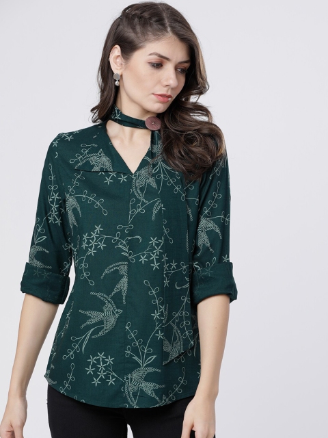 

Tokyo talkies Green Printed V-neck Regular Shirt