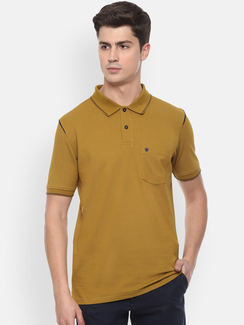 

Louis Philippe Men Mustard Yellow Solid Polo Collar Pure Cotton T-shirt