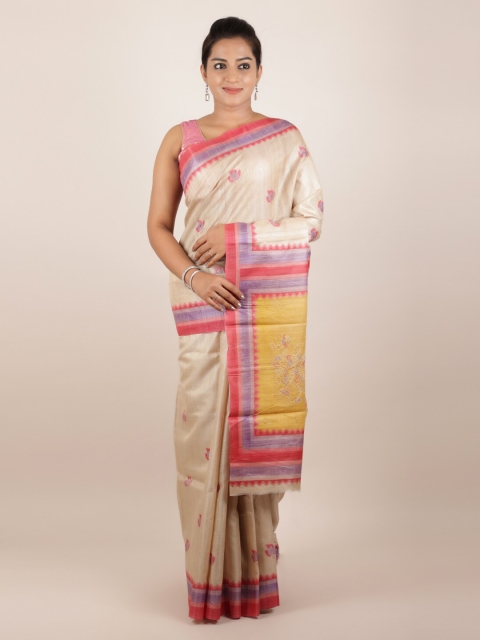 

Pothys Cream-Coloured Pure Silk Printed Tussar Saree