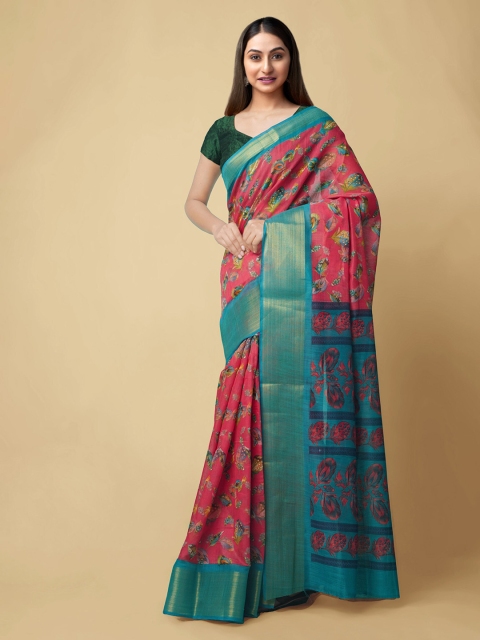 

Unnati Silks Red Silk Cotton Printed Handloom Chanderi Saree