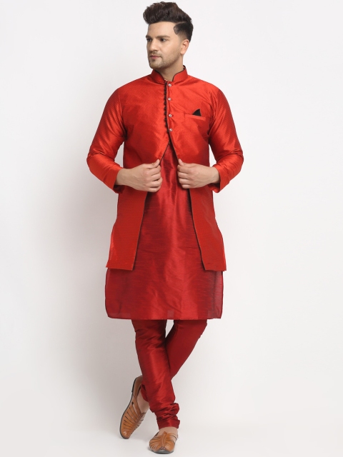 

Benstoke Men Maroon Woven-Design Sherwani Set