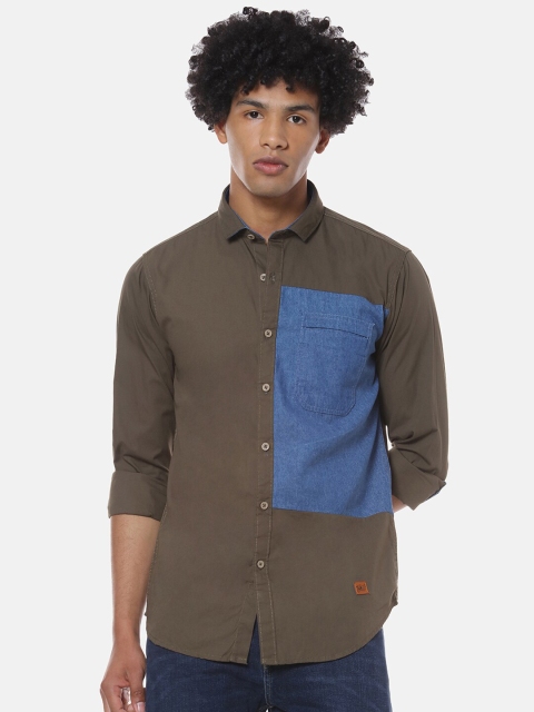 

Campus Sutra Men Olive Green & Blue Regular Fit Colourblocked Casual Shirt