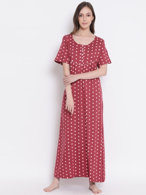 

Kanvin Maroon & Off-White Polka Dot Printed Nightdress