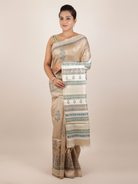 

Pothys Cream-Coloured Pure Silk Printed Tussar Saree