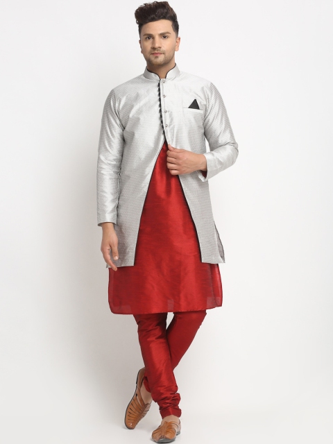 

Benstoke Men Maroon & Silver-Coloured Woven-Design Sherwani Set