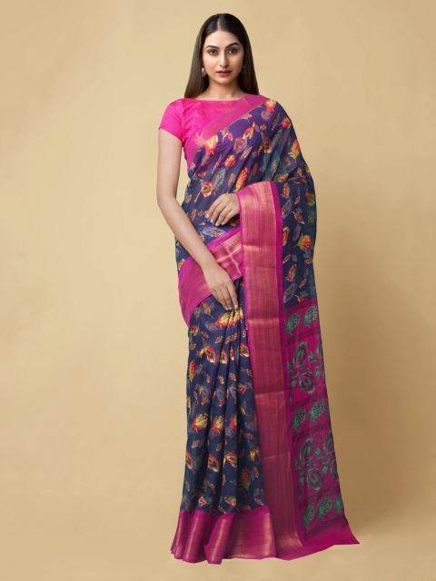 

Unnati Silks Blue Silk Cotton Printed Chanderi Saree