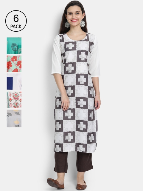 

7Threads Women Pack of 6 Printed Crepe Kurtas, White