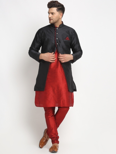 

Benstoke Men Black & Maroon Woven Design Sherwani Set