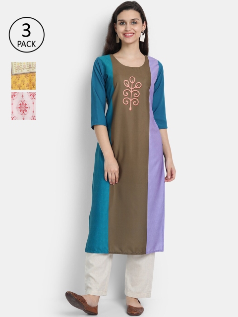 

7Threads Women Pack of 3 Multicoloured Ethnic Motifs Printed Crepe Kurta, Multi