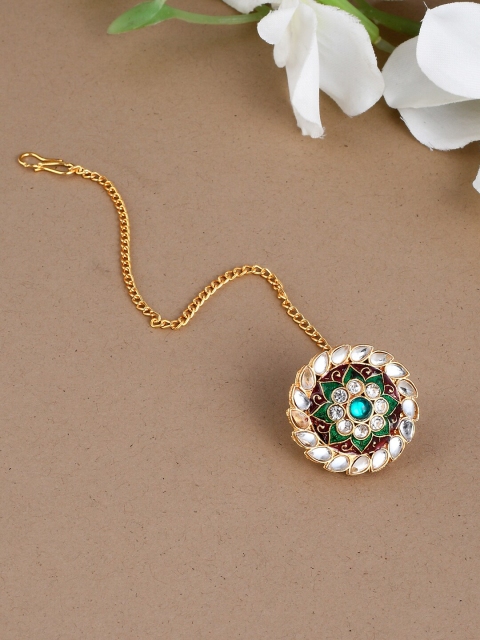

Silvermerc Designs Gold-Plated White & Red Kundan-Studded Handcrafted Meenakari Maang Tika