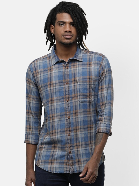 

Voi Jeans Men Blue & Orange Slim Fit Checked Casual Shirt