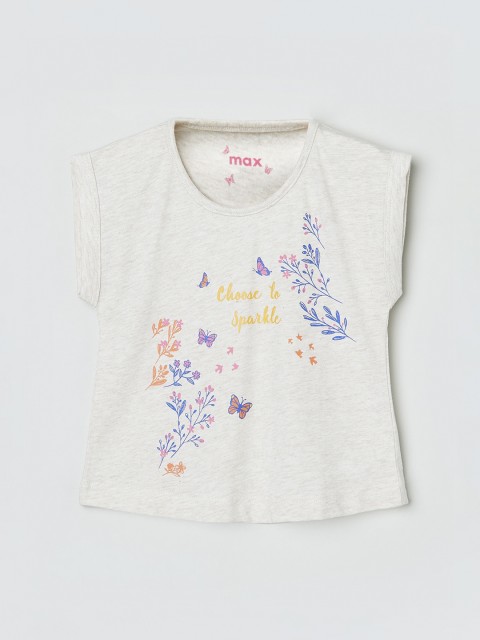 

max Girls Beige Printed Round Neck T-shirt