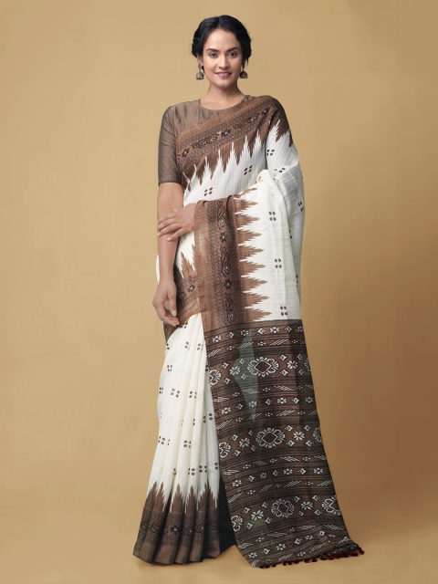 

Unnati Silks Cream-Coloured Linen Blend Woven Design Handloom Jamdani Saree