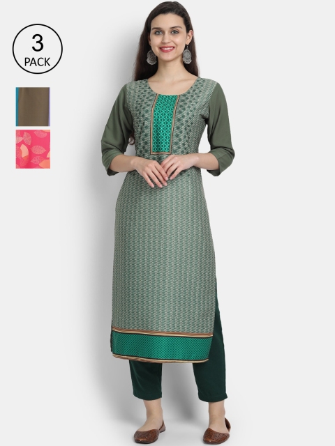 

7threads Women Pack of 3 Ethnic Motifs Printed Straight Kurta, Multi