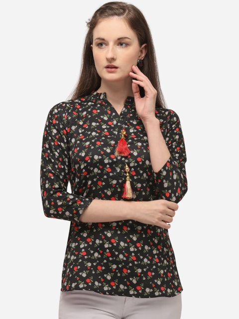 

VENISA Women Black Floral Printed Mandarin Collar A-Line Top