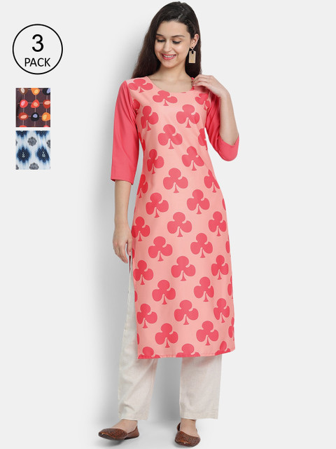 

7Threads Women Pack of 3 Multicoloured Printed Crepe Kurta, Multi