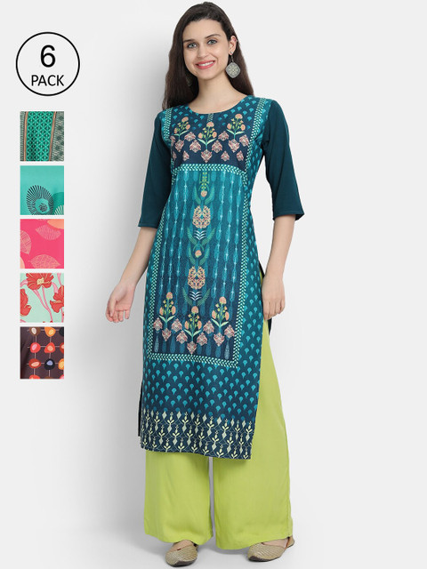 

7threads Women Pack of 6 Multicoloured Ethnic Motifs Embroidered Crepe Kurta, Multi