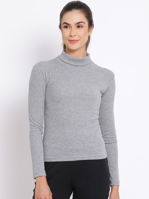 

PERFKT-U Women Grey Solid High Neck T-shirt