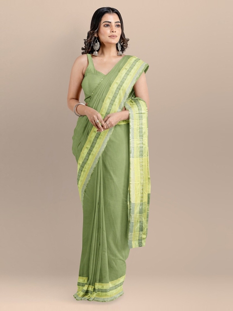 

BharatSthali Olive Green & Gold-Toned Pure Cotton Solid Maheshwari Saree
