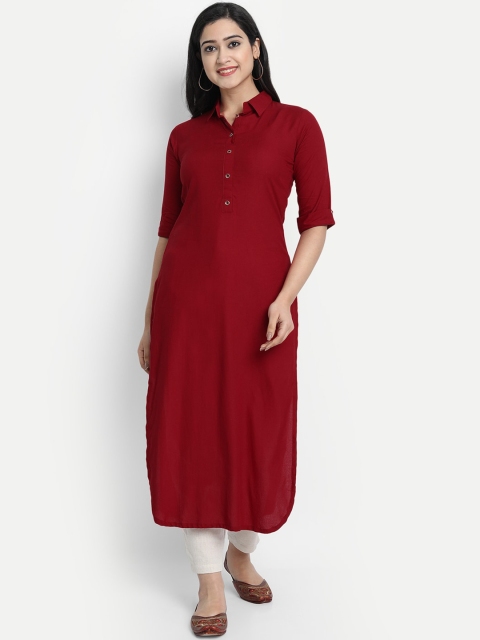 

Globon Impex Women Maroon Liva Shirt Collar Roll-Up Sleeves Panthani Kurta
