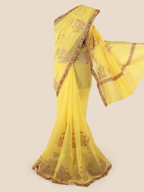 

Pothys Yellow & Pink Supernet Embroidered Saree