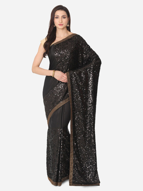 

BOMBAY SELECTIONS Black Embellished Satin Saree