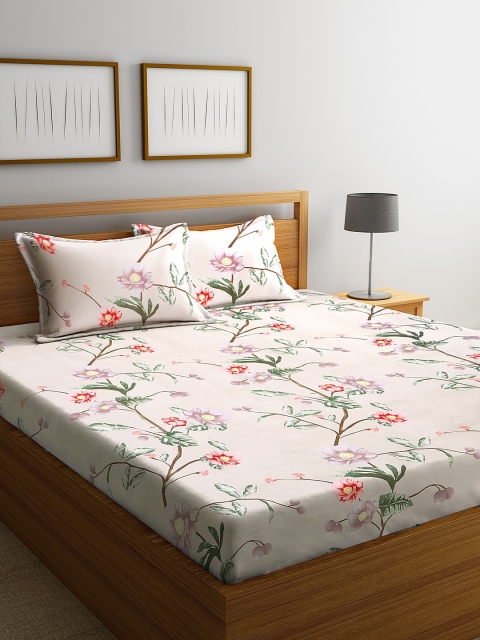 

NEUDIS Beige & Red Floral 180 TC Polycotton 1 King Bedsheet with 2 Pillow Covers
