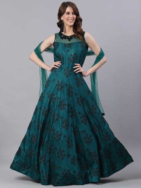 

Ishin Women Green Embroidered Maxi Dress With Dupatta