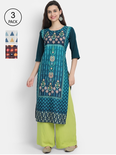 

7threads Women Pack Of 3 Multicoloured Ethnic Motifs Printed Crepe Kurtas, Multi