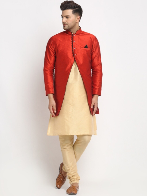

Benstoke Men Red & Gold-Colored Self-Design Sherwani Set