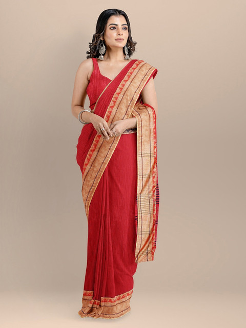 

BharatSthali Red & Gold-Toned Silk Cotton Solid Maheshwari Saree